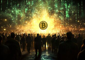 image depicts crowd of people silhouetted against vibrant backdrop of digital symbols and lights, with prominent Bitcoin symbol glowing in center, symbolizing rise of cryptocurrency and its impact.