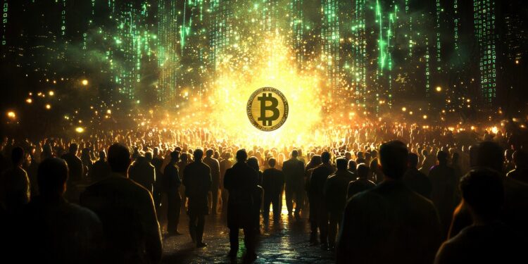 image depicts crowd of people silhouetted against vibrant backdrop of digital symbols and lights, with prominent Bitcoin symbol glowing in center, symbolizing rise of cryptocurrency and its impact.