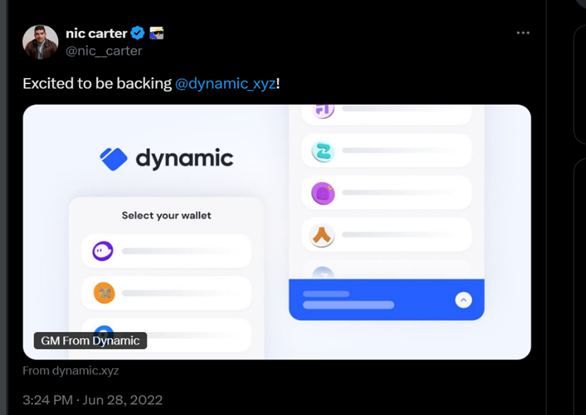 Tweet donde Carter mencionó que participaría como inversor en Dynamic.