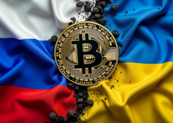 Las banderas de Ucrania y Rusia enfrentadas con una moneda de bitcoin en el centro.