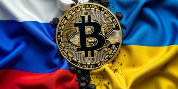 Las banderas de Ucrania y Rusia enfrentadas con una moneda de bitcoin en el centro.
