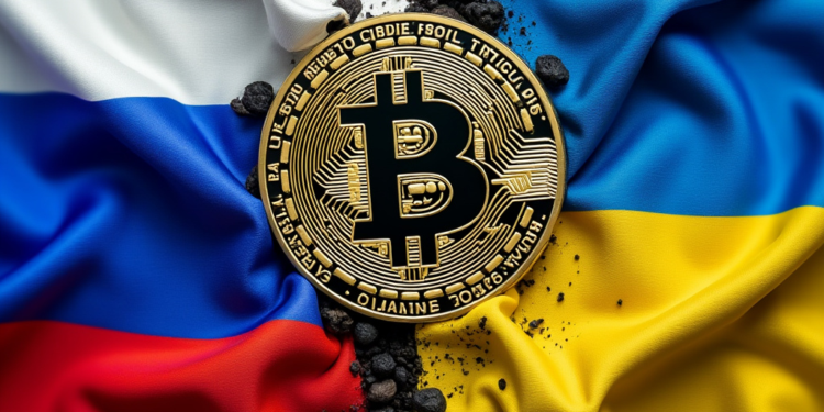Las banderas de Ucrania y Rusia enfrentadas con una moneda de bitcoin en el centro.