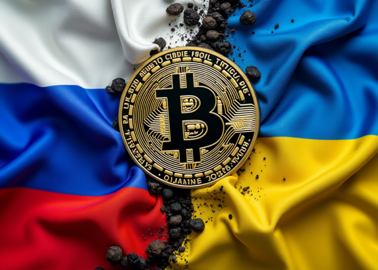 Las banderas de Ucrania y Rusia enfrentadas con una moneda de bitcoin en el centro.