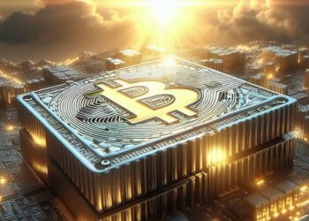 un ASIC de minería de Bitcoin brillando en el cielo