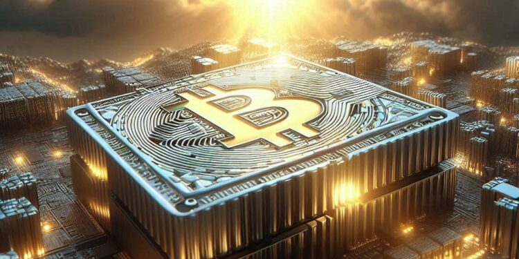 un ASIC de minería de Bitcoin brillando en el cielo