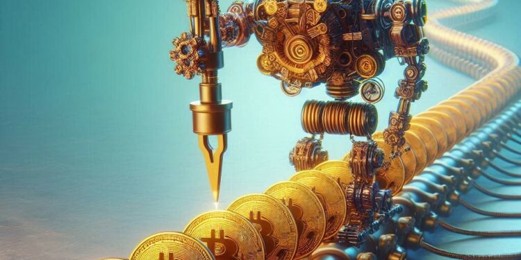 un bitcoin atascado en una cola de bitcoins, estilo technopunk
