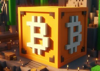 un bloque de bitcoin, estilo minecraft