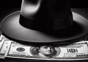 un sombrero de copa ancha sobre dinero en efectivo. Estilo noir