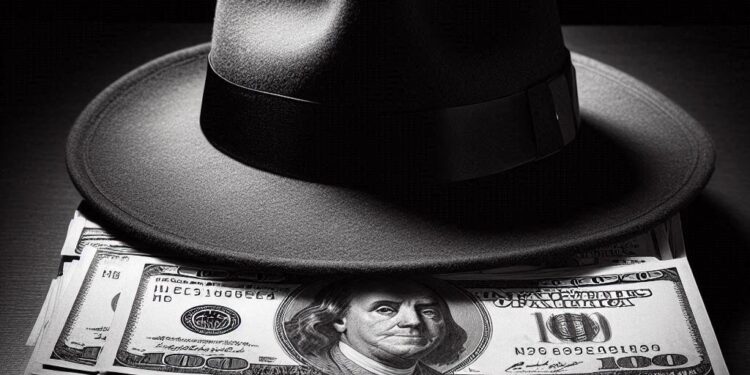 un sombrero de copa ancha sobre dinero en efectivo. Estilo noir