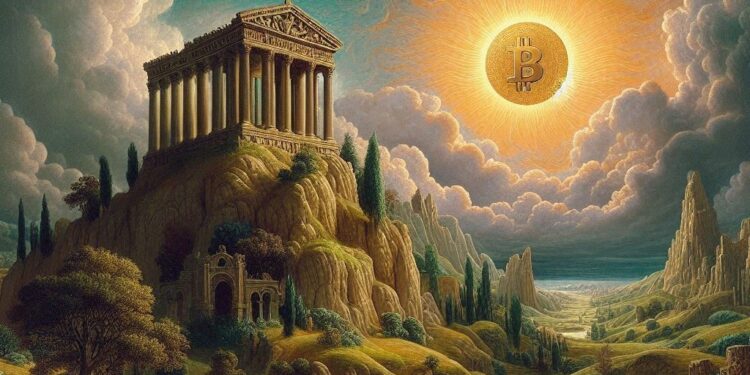 una arcadia con un sol de bitcoin, estilo prerafaelita