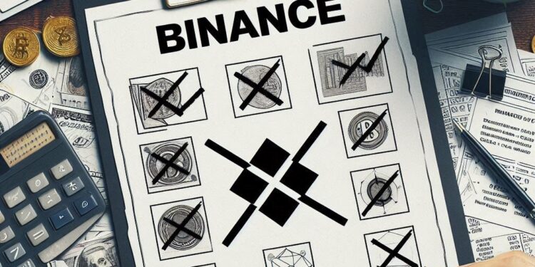 una hoja de con el signo de Binance y varios items tachados, estilo ofimatica