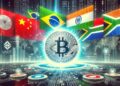 Banderas de los países miembros de los BRICS alrededor de una moneda de bitcoin.
