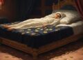Una persona yace en una cama rodeada de monedas