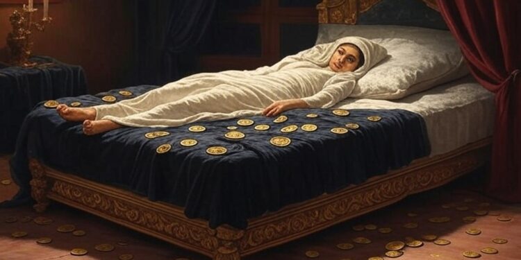 Una persona yace en una cama rodeada de monedas