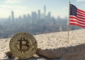 Moneda de bitcoin y bandera de EE. UU.