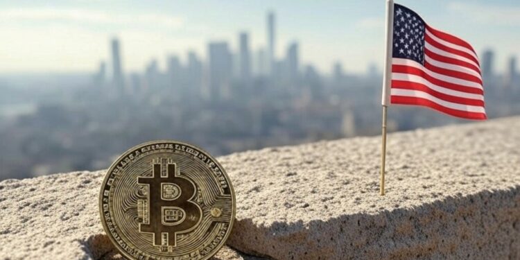 Moneda de bitcoin y bandera de EE. UU.