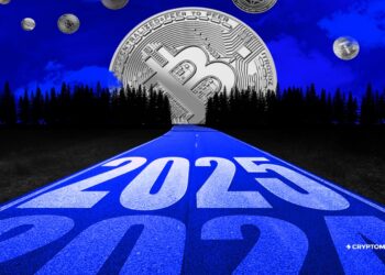 una carretera en azul que se pierde en el horizonte con una moneda de bitcoin al final.