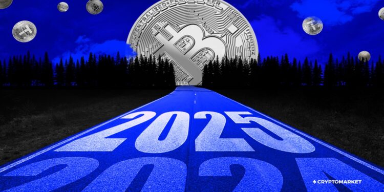 una carretera en azul que se pierde en el horizonte con una moneda de bitcoin al final.