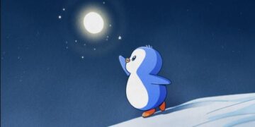 Un pingüino estira su ala para tocar la luna.