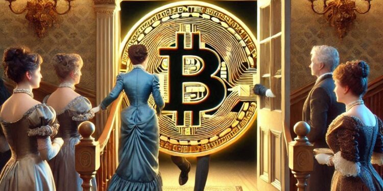 bitcoin como invitado entrando a un salon de la epoca victoriana