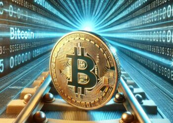 bitcoin desplazándose sobre rieles virtuales, estilo cypherpunk