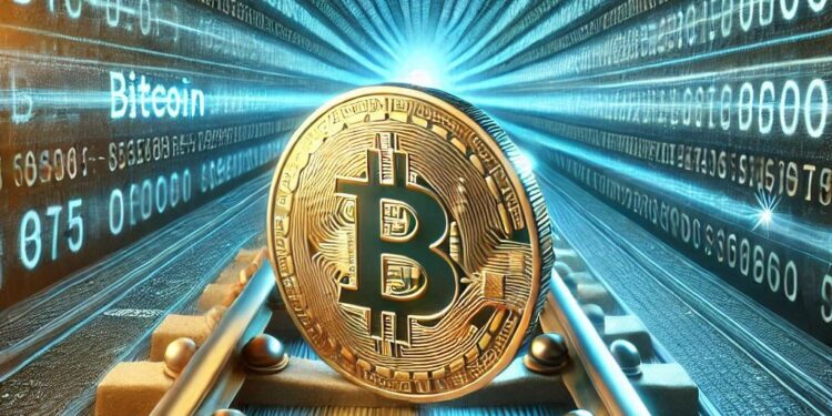 bitcoin desplazándose sobre rieles virtuales, estilo cypherpunk