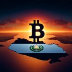 Un mapa con los colores de la bandera de El Salvador y un logo gigante de Bitcoin.