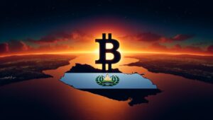 Un mapa con los colores de la bandera de El Salvador y un logo gigante de Bitcoin.