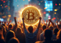 Personas bitcoiners festejan y moneda de bitcoin.