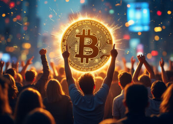Personas bitcoiners festejan y moneda de bitcoin.