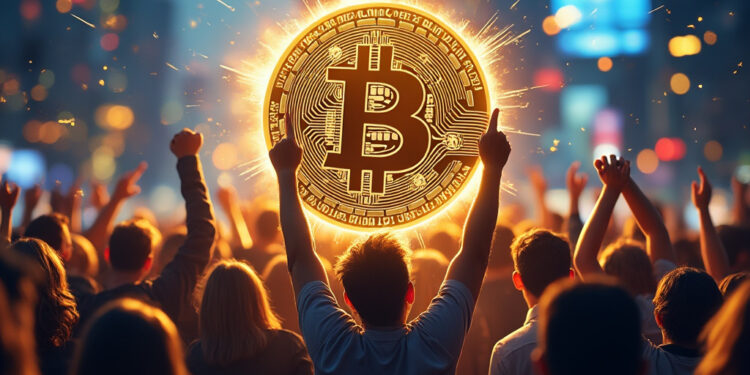 Personas bitcoiners festejan y moneda de bitcoin.