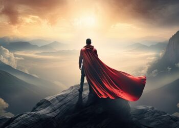 heroe con capa viendo al horizonte entre montañas