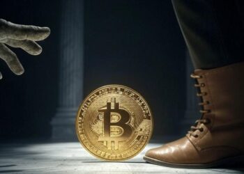 Bitcoin en el medio entre una mano y una bota.