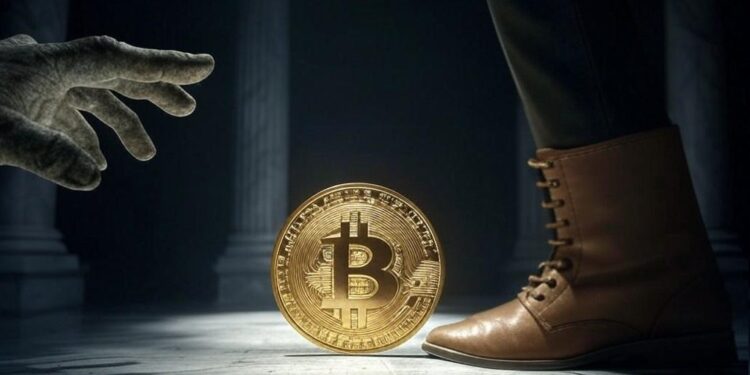 Bitcoin en el medio entre una mano y una bota.