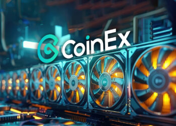 Rack de mineros y el logo de Coinex