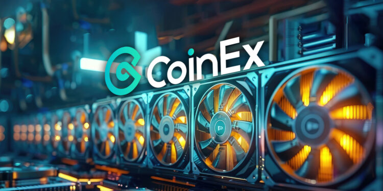 Rack de mineros y el logo de Coinex