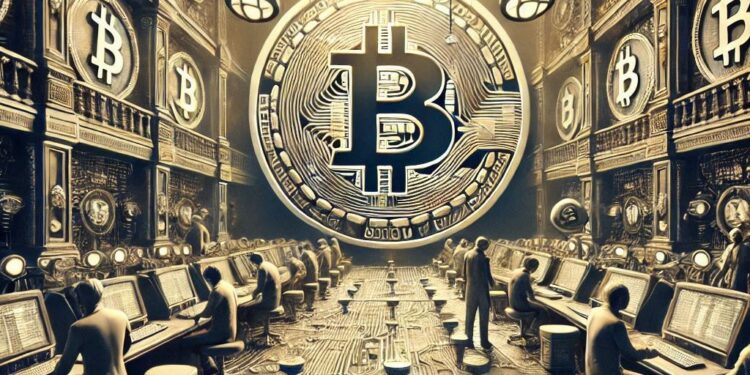 el interior de bitcoin como un palacio electronico, estilo noir