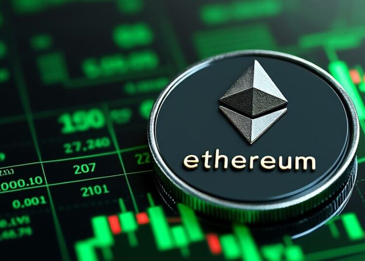 Una moneda gigante de Ethereum sobre pantallas con velas verdes.