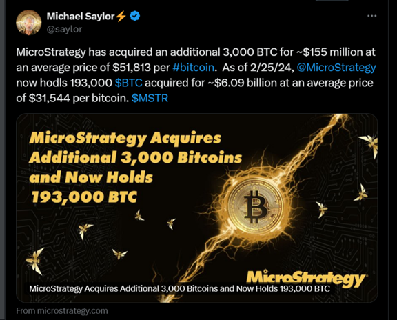 En su cuenta de X, Michael Saylor anuncia cada vez que MicroStrategy adquiere BTC.