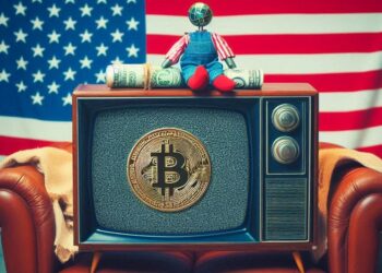 un bitcoin en la televisión, estilo post war america