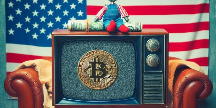 un bitcoin en la televisión, estilo post war america