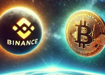 un orbe de binance y uno de bitcoin sobrevolando el espacio