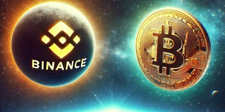 un orbe de binance y uno de bitcoin sobrevolando el espacio