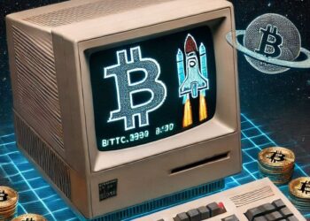una computadora antigua con un juego futurista de bitcoin, estilo 4 bits
