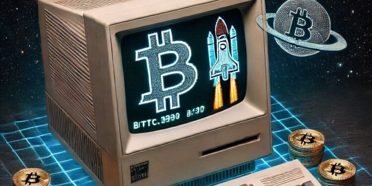 una computadora antigua con un juego futurista de bitcoin, estilo 4 bits