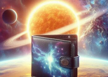 una wallet en los dominios celestes con el sol refulgiendo detrás