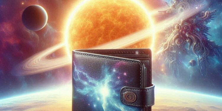 una wallet en los dominios celestes con el sol refulgiendo detrás
