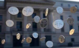 Una lluvia de criptomonedas con la fachada de un banco al fondo.
