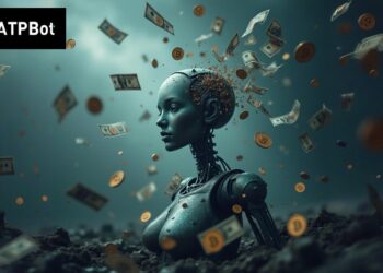 Robot cibernético femenino bajo una luvia de billetes de dólares.