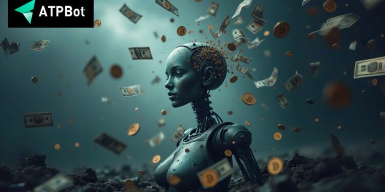 Robot cibernético femenino bajo una luvia de billetes de dólares.